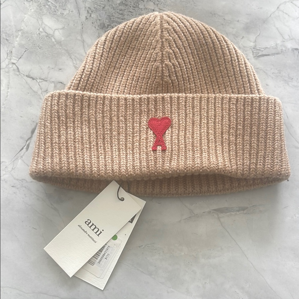 Ami Beige Knit Beanie with Red Logo